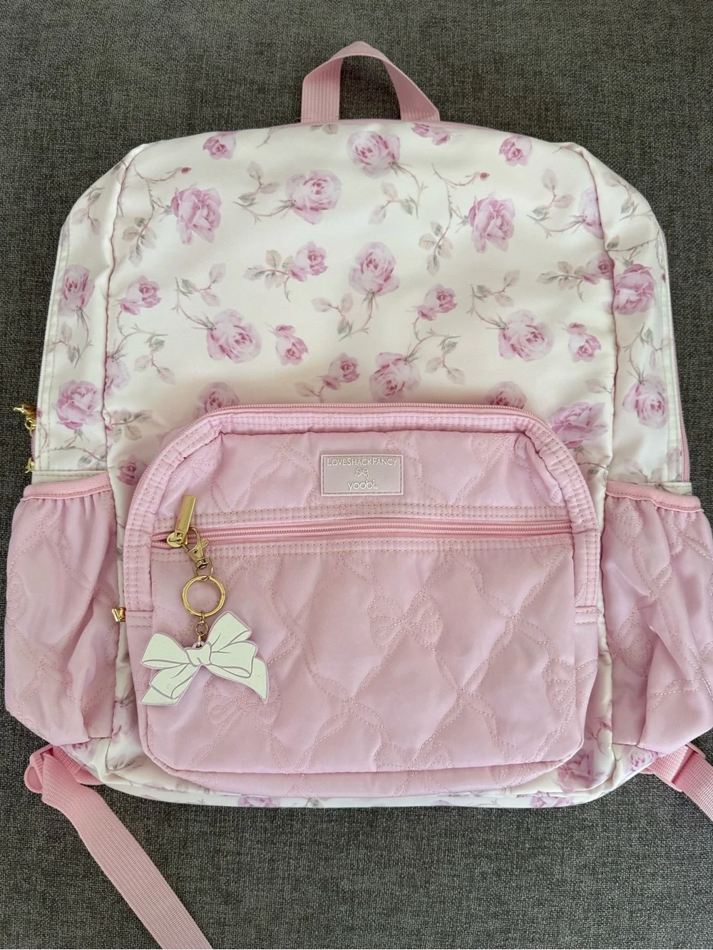 LoveShackFancy Floral Pink Quilted Backpack with Bow Charm